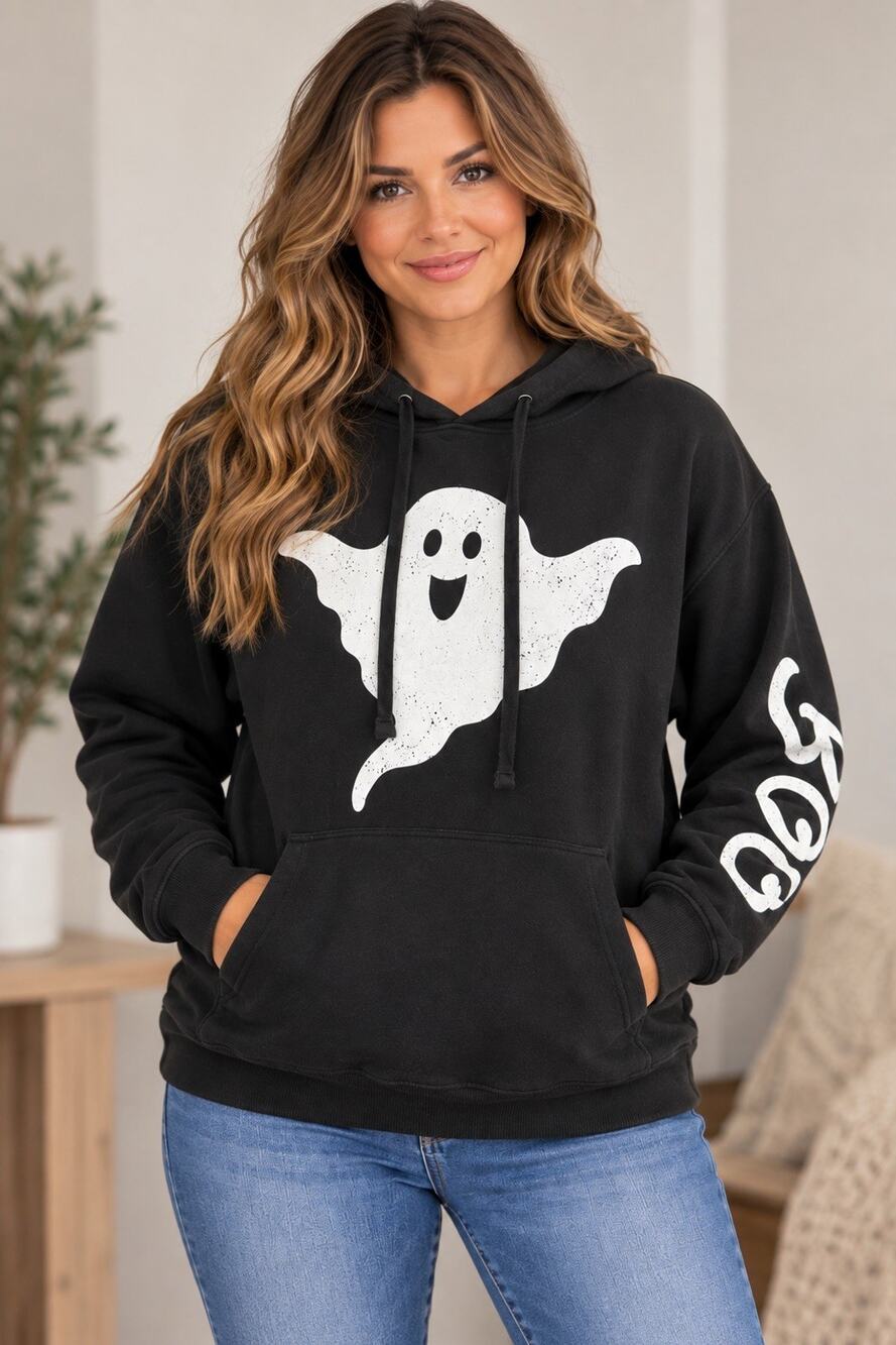 Modern Lux Black Ghost Graphic Hoodie Women’s Medium Halloween Spooky Pullover